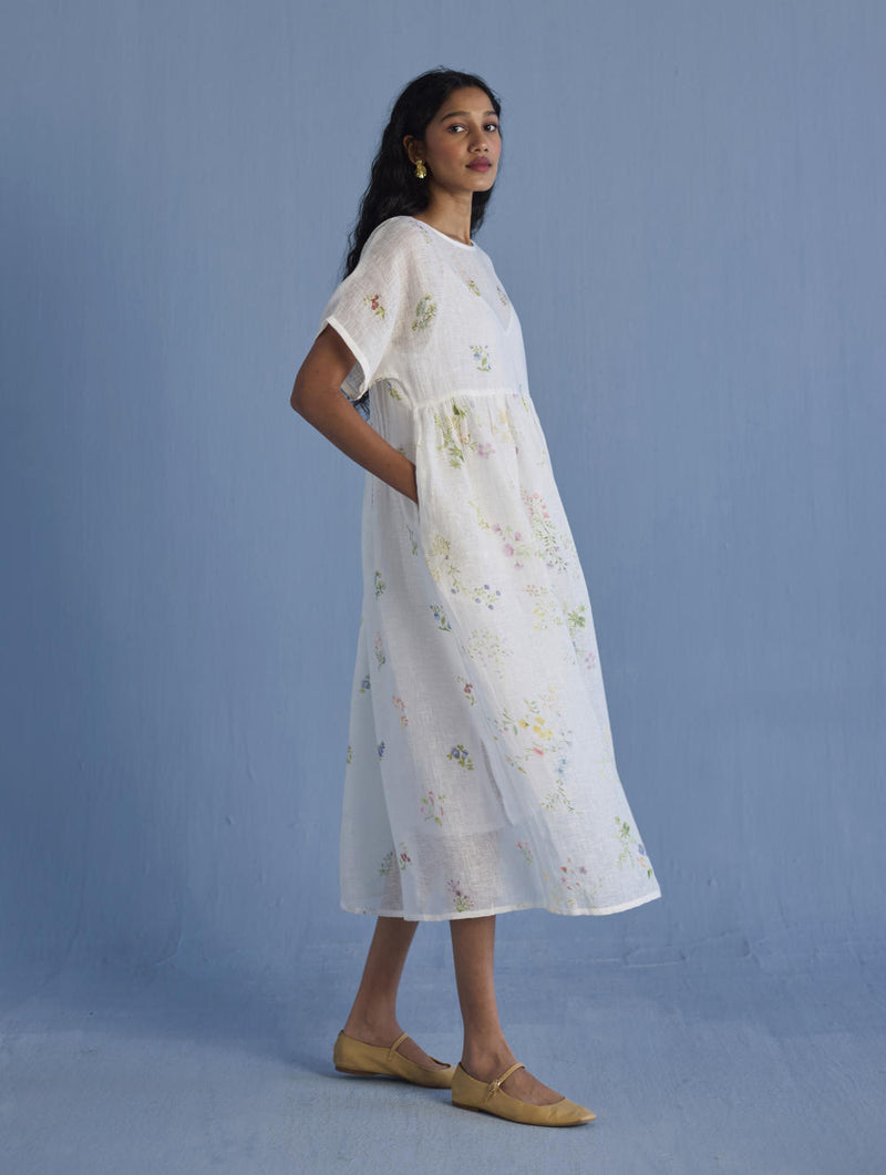 Uniko Pleated Floral Linen Dress - White linen by Manan in white color for women in Singapore