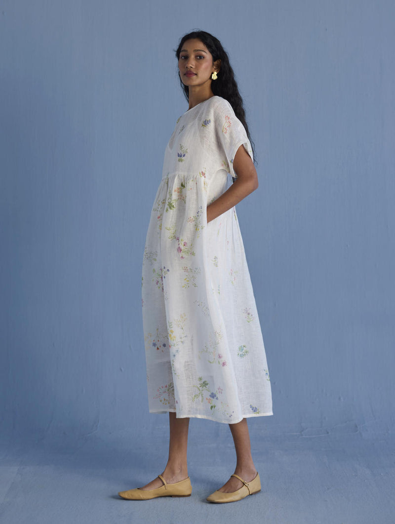 Uniko Pleated Floral Linen Dress - White linen by Manan in white color for women in Singapore