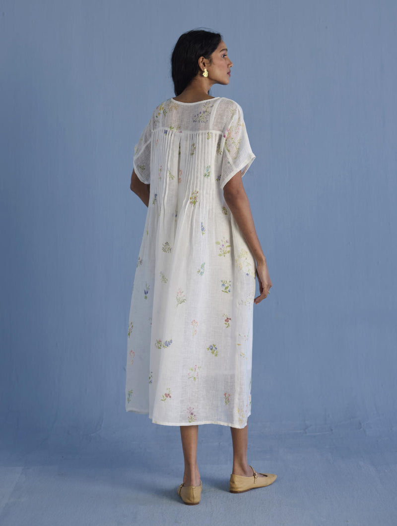 Uniko Pleated Floral Linen Dress - White linen by Manan in white color for women in Singapore