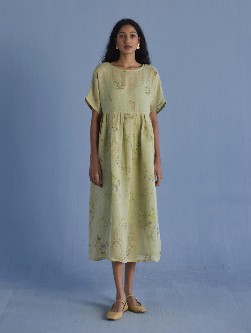Uniko Pleated Floral Linen Dress - Mint linen by Manan in mint color for women in Singapore