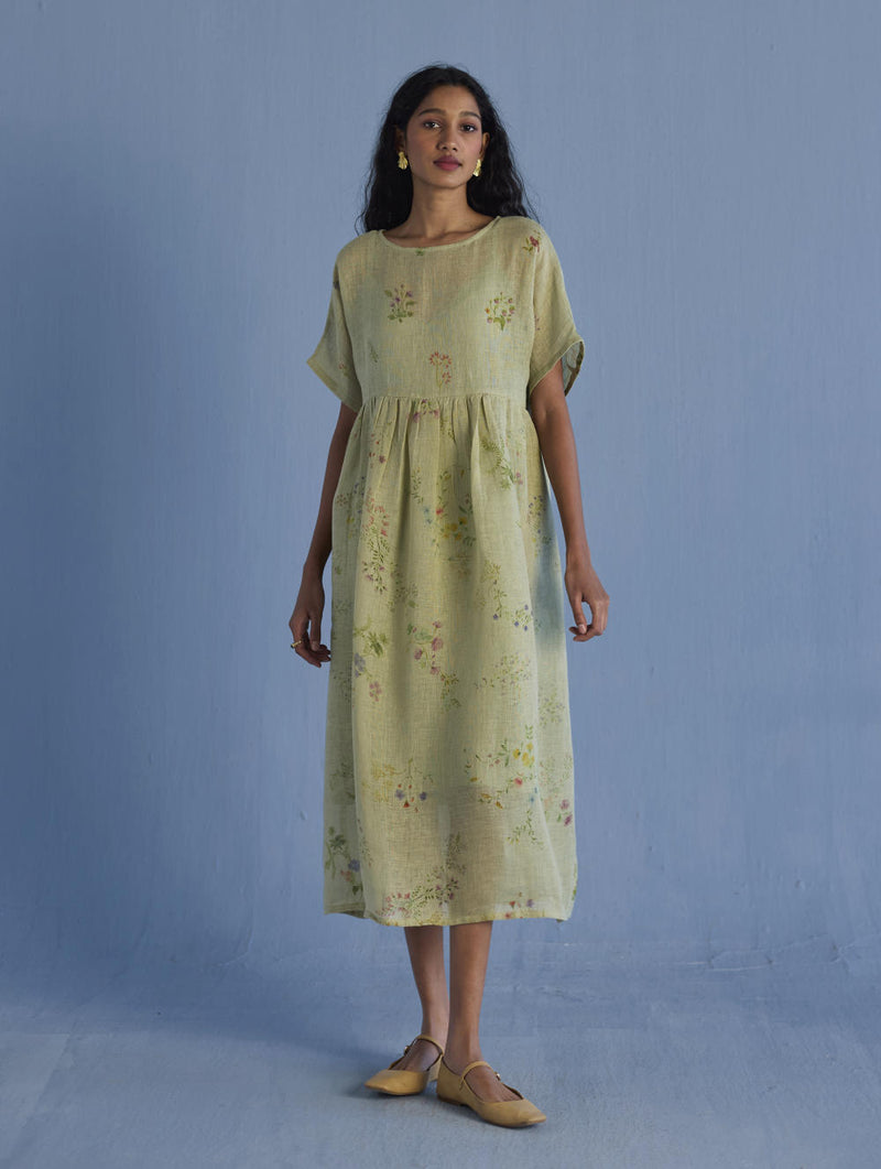 Uniko Pleated Floral Linen Dress - Mint linen by Manan in mint color for women in Singapore