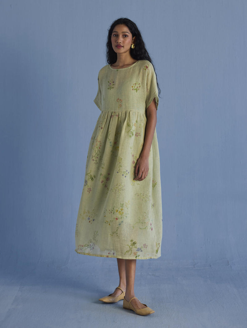 Uniko Pleated Floral Linen Dress - Mint linen by Manan in mint color for women in Singapore