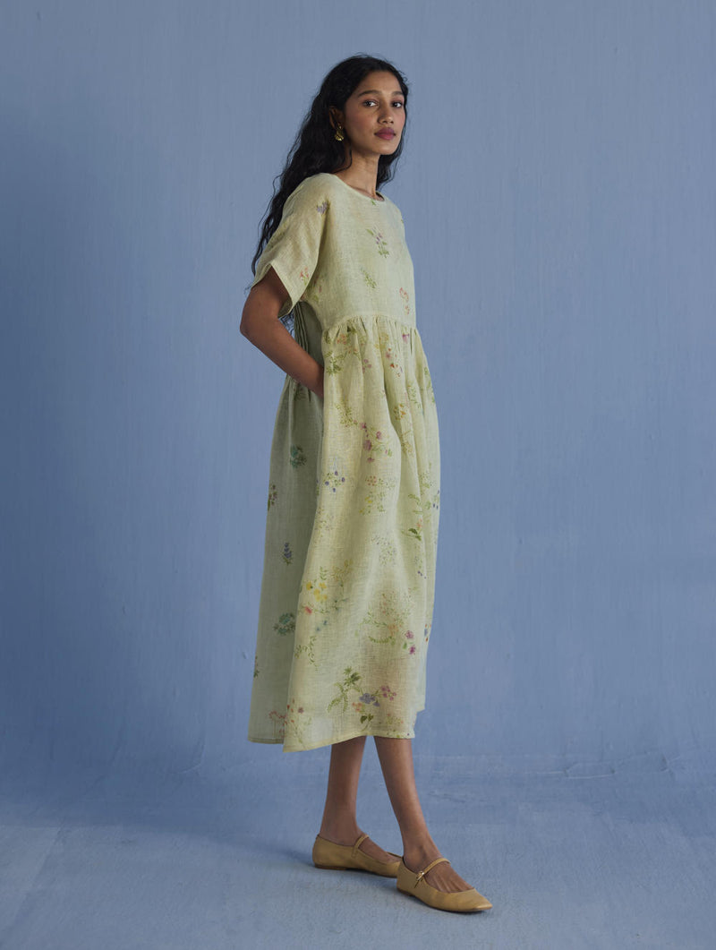 Uniko Pleated Floral Linen Dress - Mint linen by Manan in mint color for women in Singapore