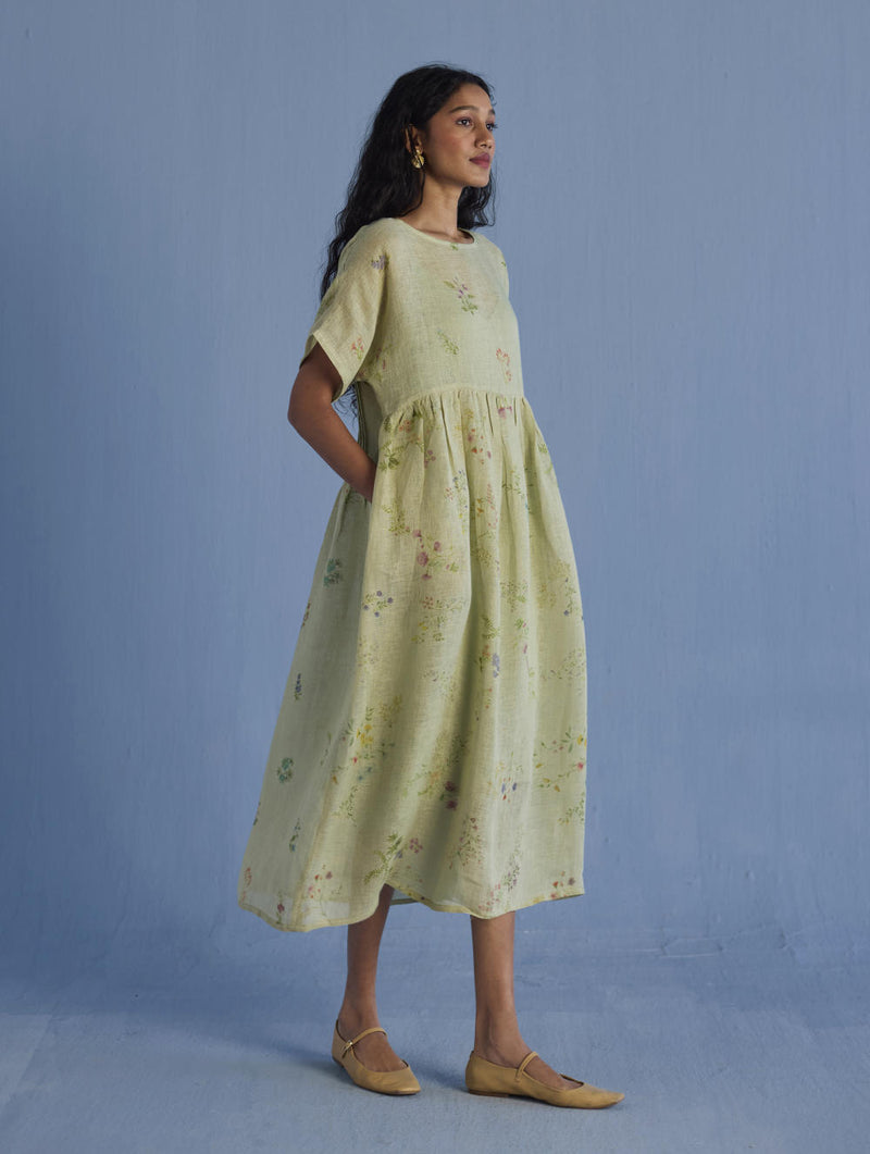 Uniko Pleated Floral Linen Dress - Mint linen by Manan in mint color for women in Singapore
