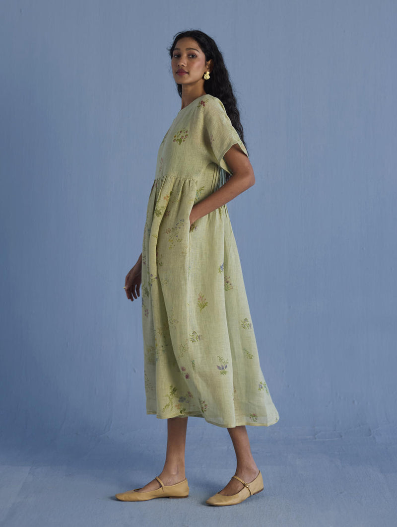 Uniko Pleated Floral Linen Dress - Mint linen by Manan in mint color for women in Singapore