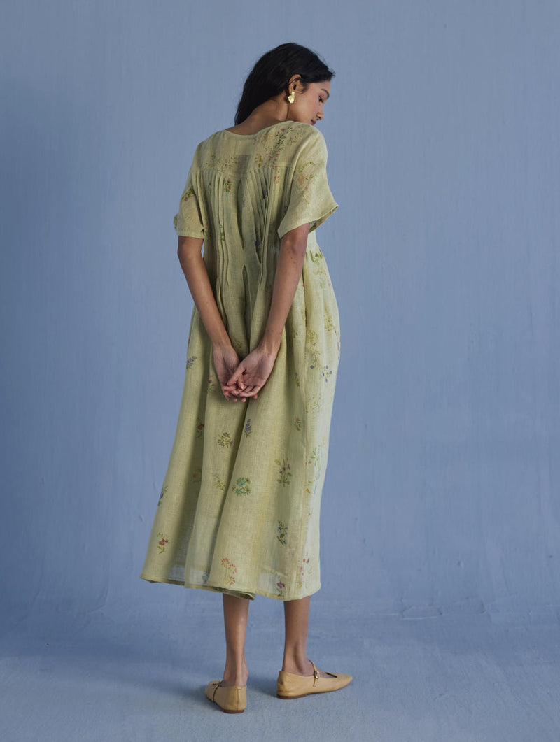 Uniko Pleated Floral Linen Dress - Mint linen by Manan in mint color for women in Singapore