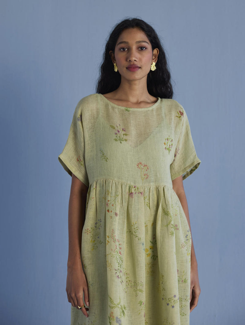 Uniko Pleated Floral Linen Dress - Mint linen by Manan in mint color for women in Singapore