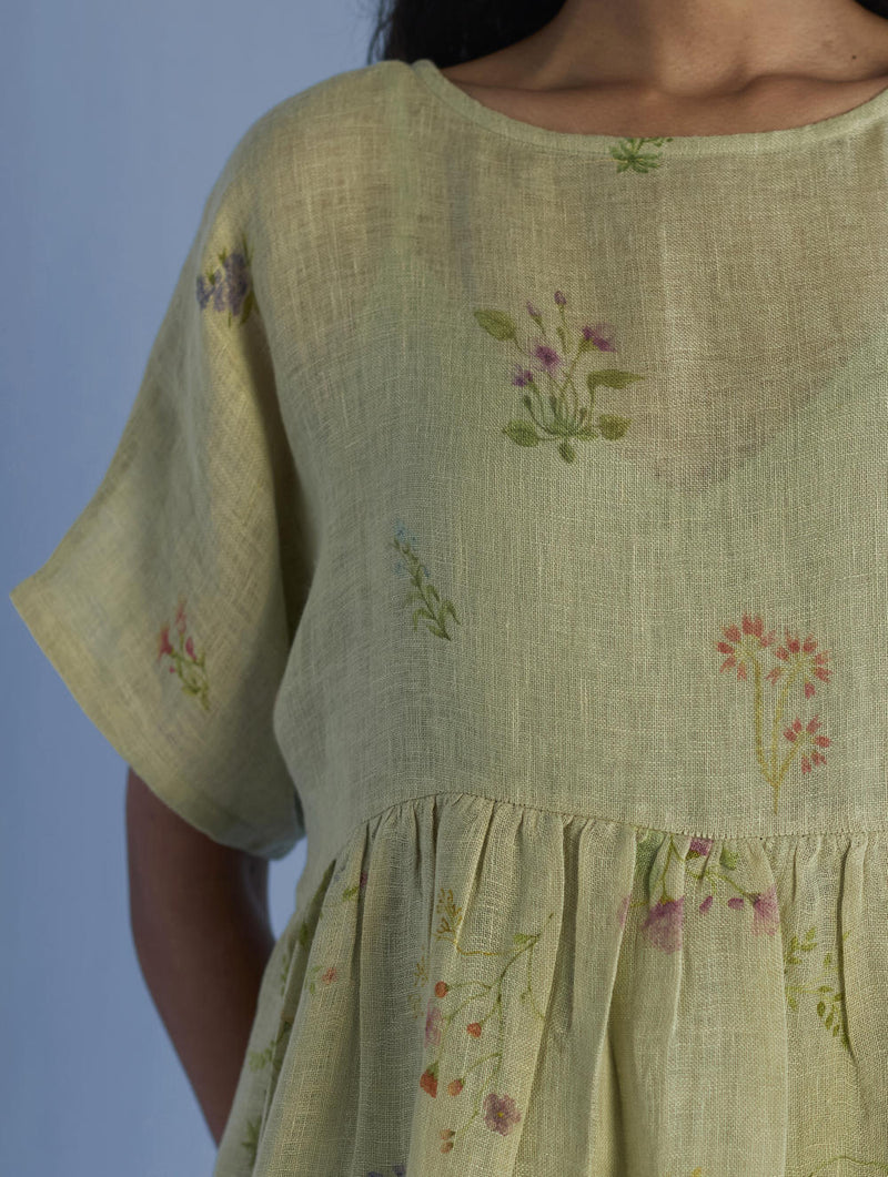 Uniko Pleated Floral Linen Dress - Mint linen by Manan in mint color for women in Singapore