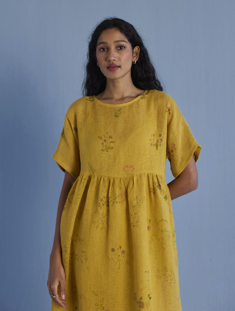 Uniko Pleated Floral Linen Dress - Ochre linen by Manan for women in Singapore