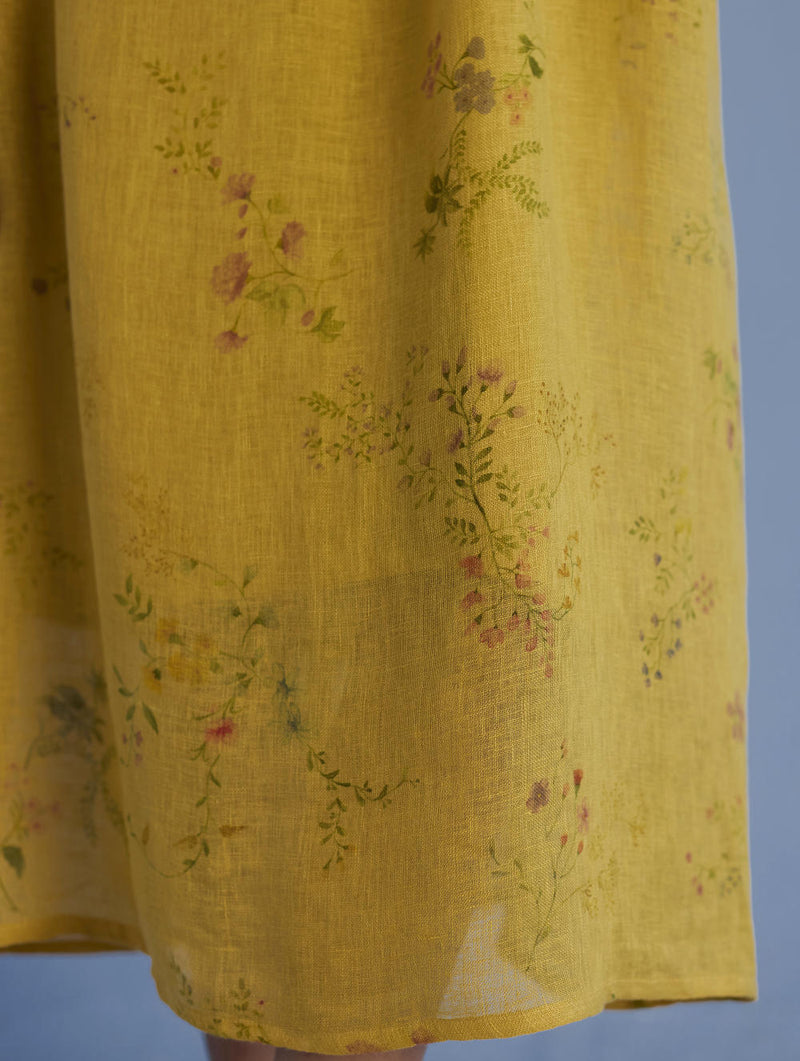 Uniko Pleated Floral Linen Dress - Ochre linen by Manan for women in Singapore