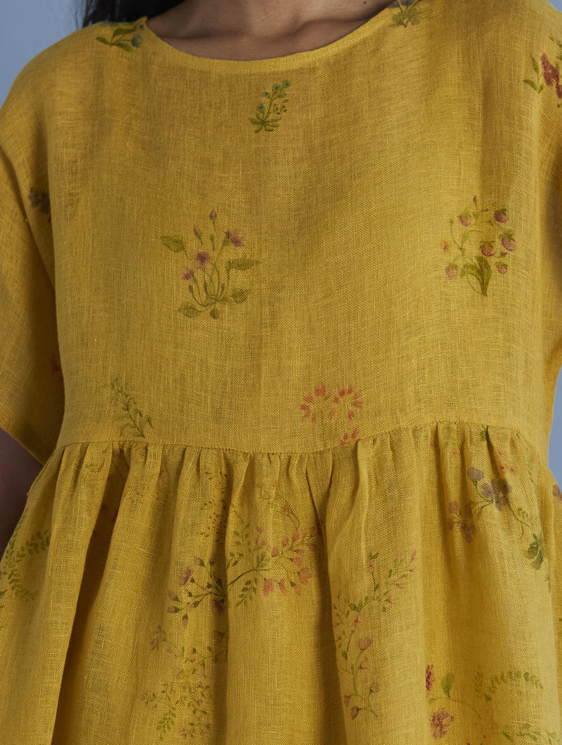 Uniko Pleated Floral Linen Dress - Ochre linen by Manan for women in Singapore