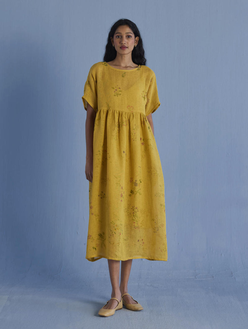 Uniko Pleated Floral Linen Dress - Ochre linen by Manan for women in Singapore