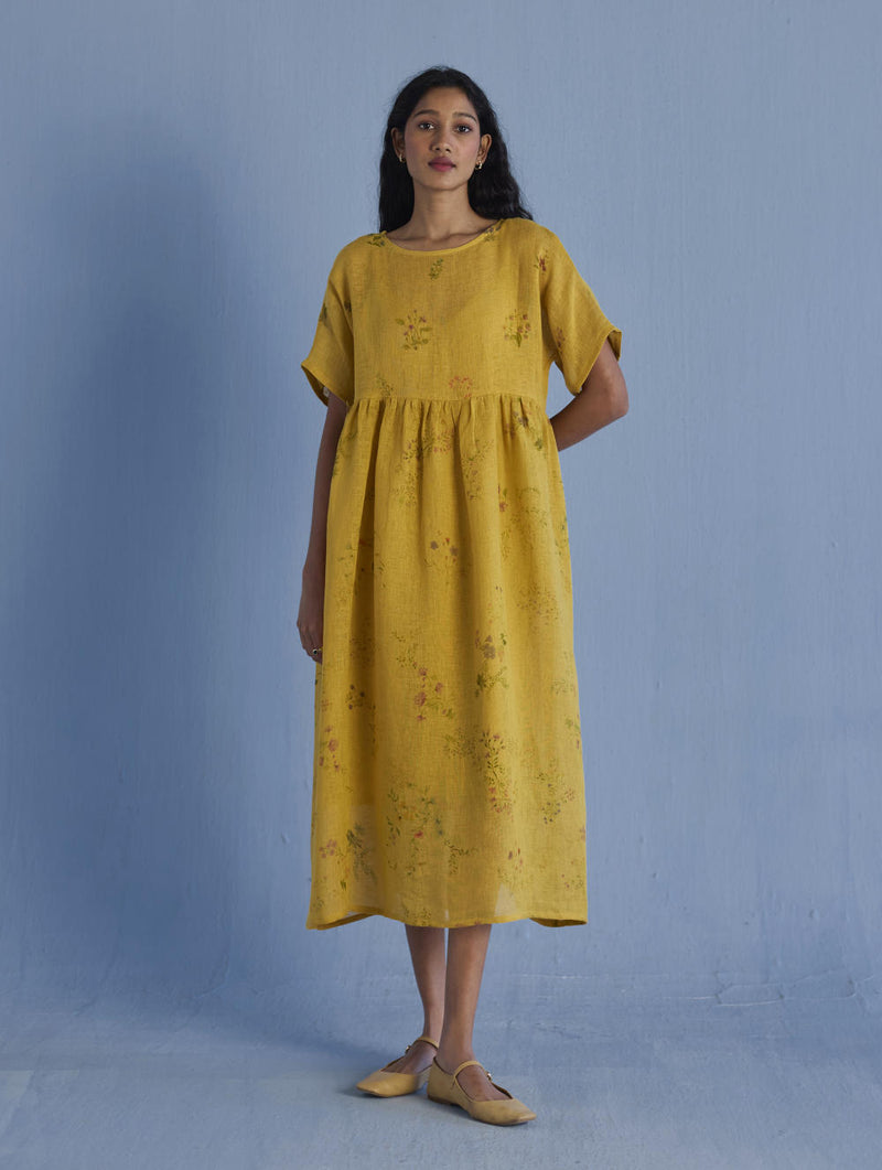 Uniko Pleated Floral Linen Dress - Ochre linen by Manan for women in Singapore
