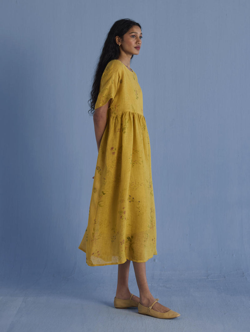 Uniko Pleated Floral Linen Dress - Ochre linen by Manan for women in Singapore