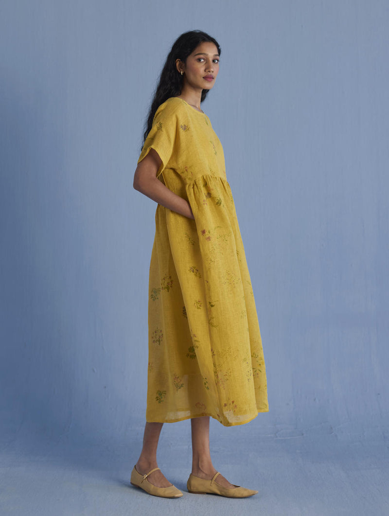 Uniko Pleated Floral Linen Dress - Ochre linen by Manan for women in Singapore