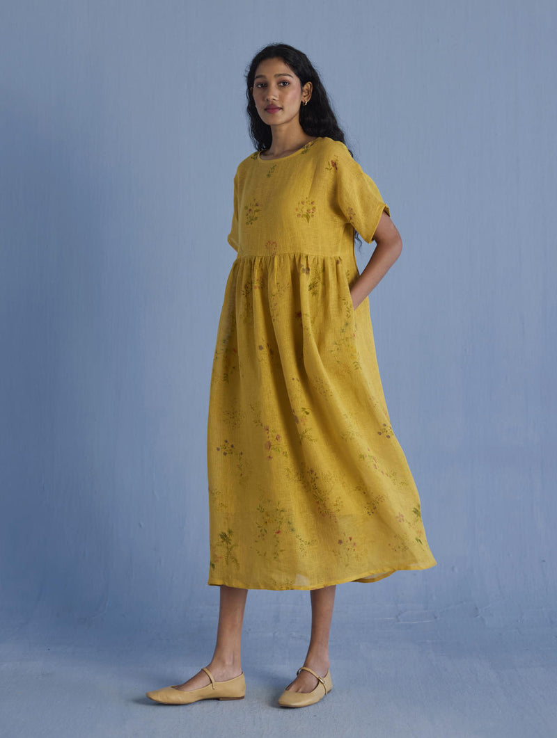 Uniko Pleated Floral Linen Dress - Ochre linen by Manan for women in Singapore