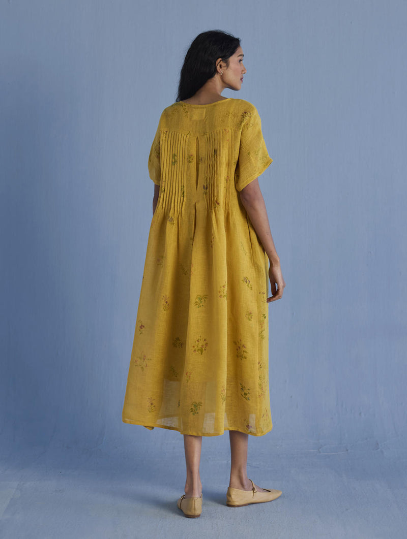 Uniko Pleated Floral Linen Dress - Ochre linen by Manan for women in Singapore