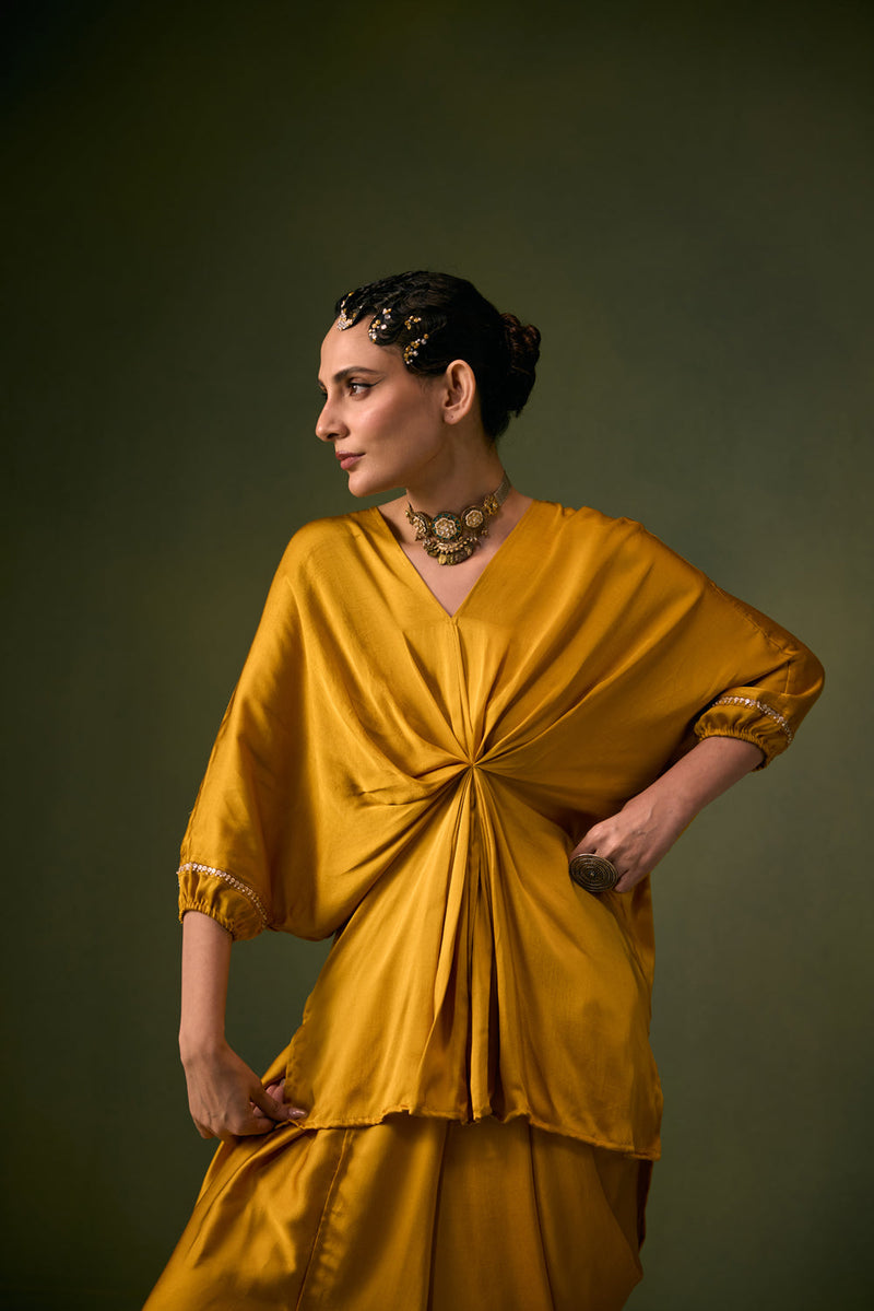 Moro Toga Drape Dress vegan satin, organza satin sarees by PRAHNAAYA in musturd yellow for women in Singapore