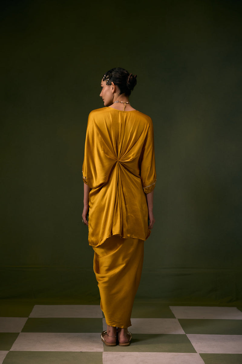 Moro Toga Drape Dress vegan satin, organza satin sarees by PRAHNAAYA in musturd yellow for women in Singapore