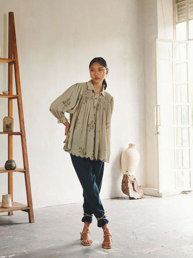 Judy Shirt-Dahlia Print cotton top/shirt by CORD in beige for women in Singapore