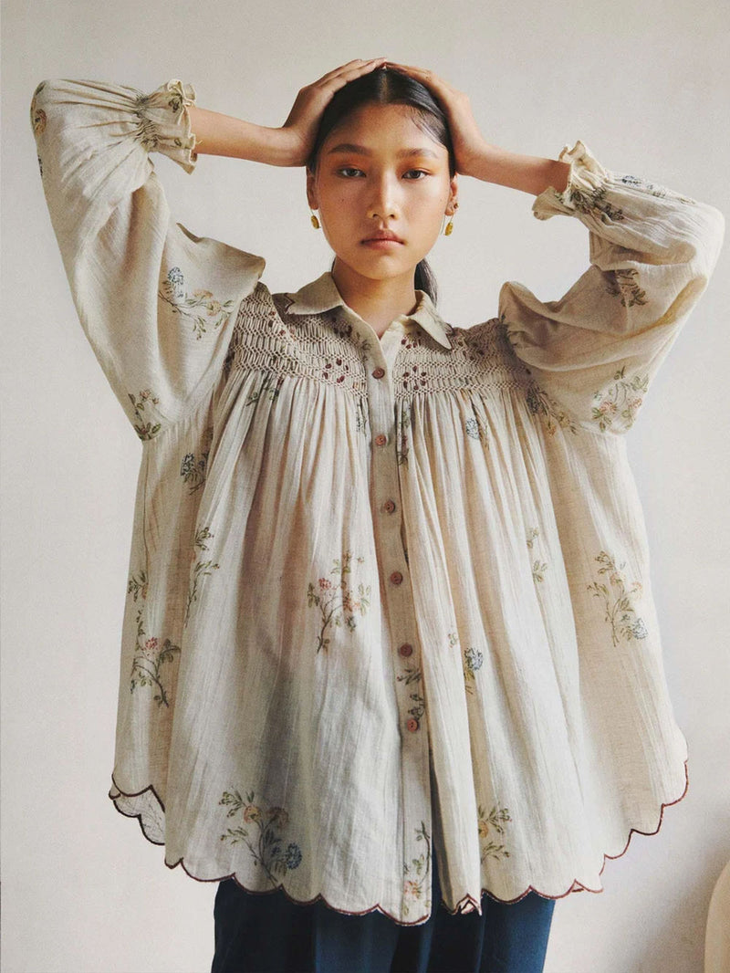Judy Shirt-Dahlia Print cotton top/shirt by CORD in beige for women in Singapore