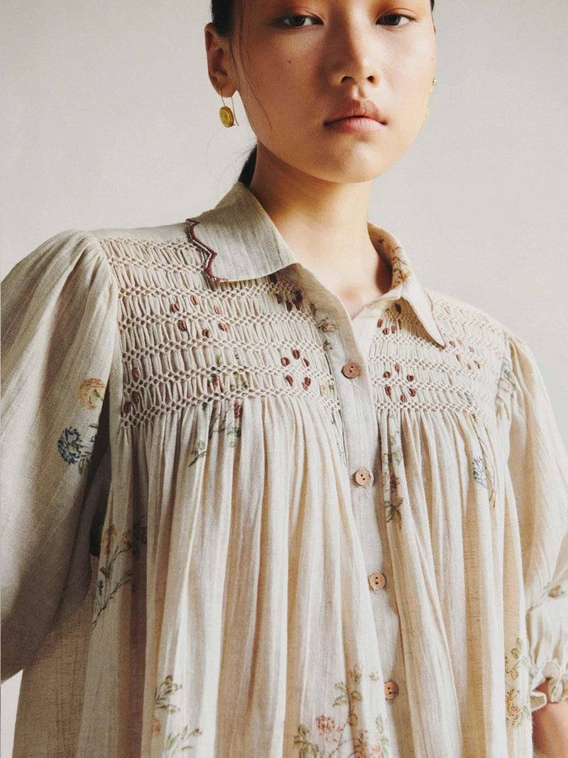 Judy Shirt-Dahlia Print cotton top/shirt by CORD in beige for women in Singapore