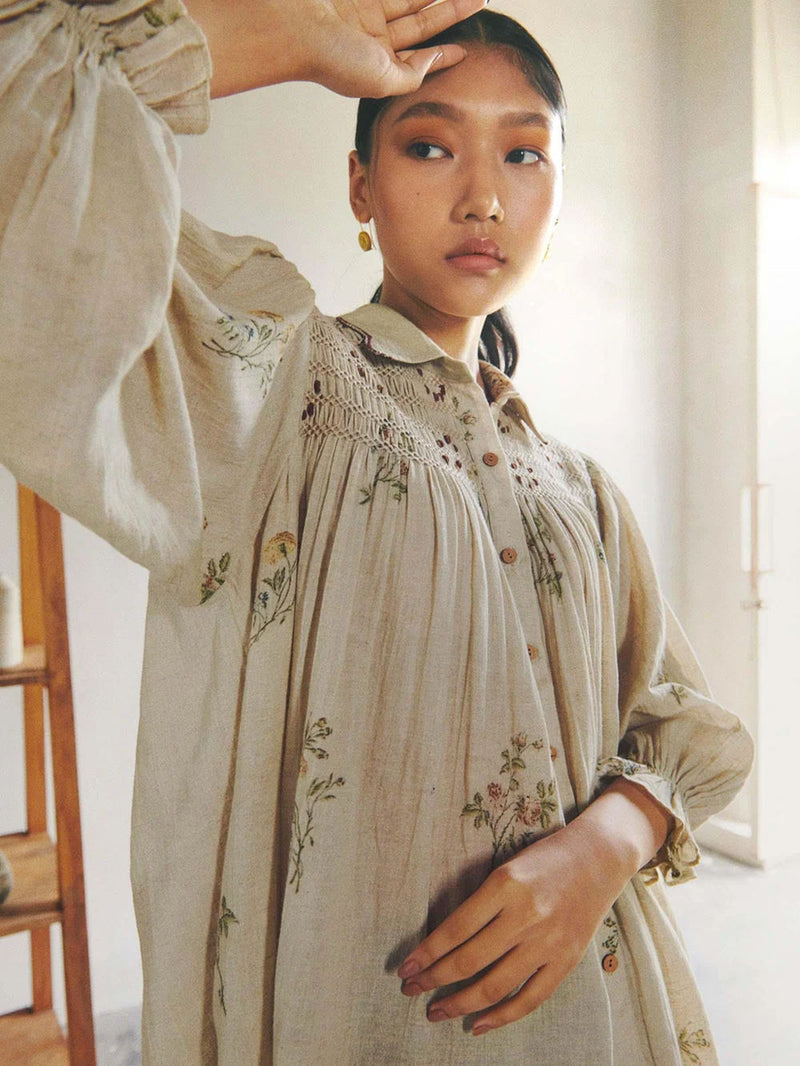 Judy Shirt-Dahlia Print cotton top/shirt by CORD in beige for women in Singapore
