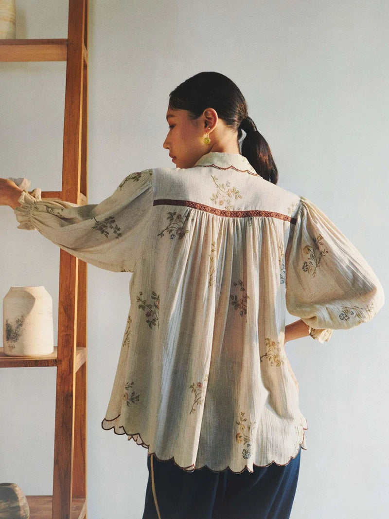 Judy Shirt-Dahlia Print cotton top/shirt by CORD in beige for women in Singapore