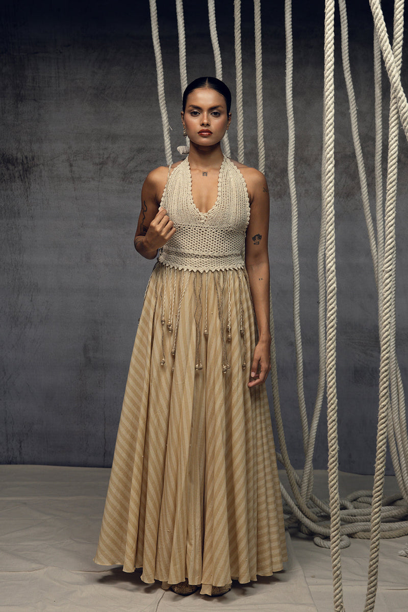 Ivory Crochet Bralette Striped Maxi hand crochet dress by Kritika Murarka in ivory for women in Singapore