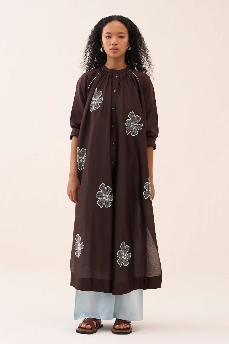 TCMPOP26-17 FLORAL EMB. GATHER NECK SHIRT CO-ORD -Size M