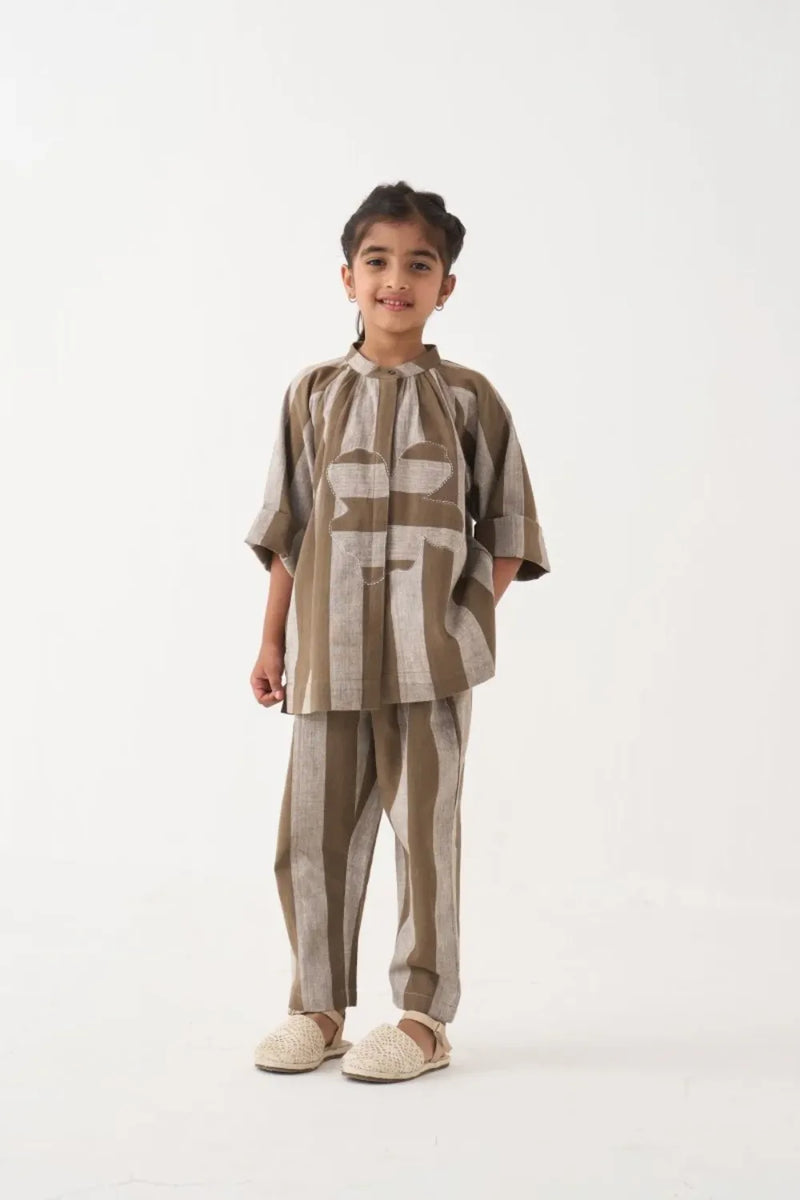 Girl - Floral Stripe Peasant Top Co-Ord - Cedar cotton by THREE Kids for kids in Singapore