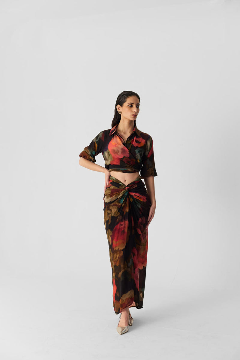 FURONG TIE UP TOP & SKIRT SET mul by Yam in multi color for women in Singapore