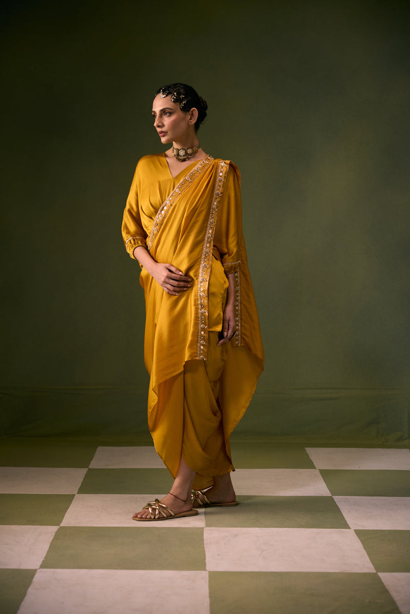 Moro Toga Drape Dress vegan satin, organza satin sarees by PRAHNAAYA in musturd yellow for women in Singapore