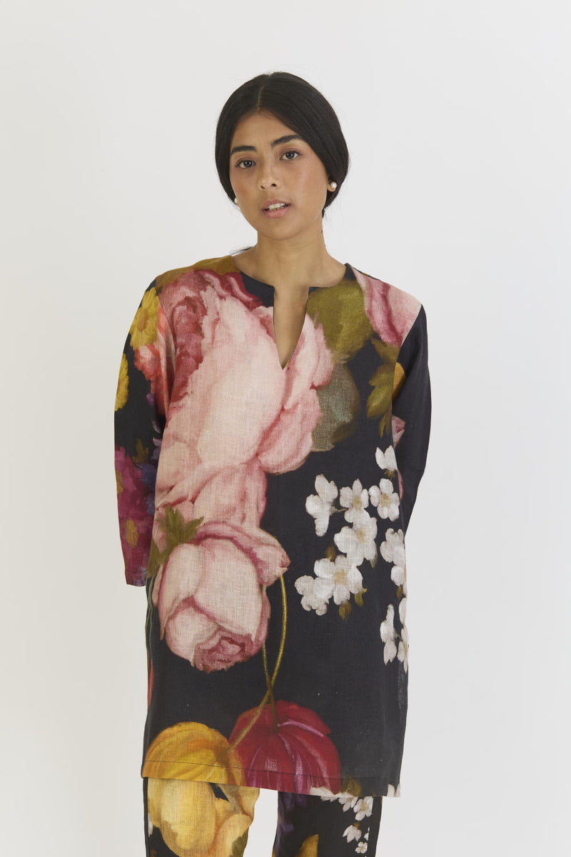 GLORY BLACK LINEN SHORT KURTA SET linen by Yam for women in Singapore