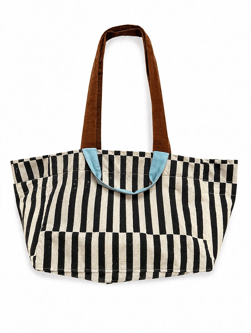 The Boat Bag-Monochrome Stripe hand block printed cotton bag by World of Crow in black,white for women in Singapore