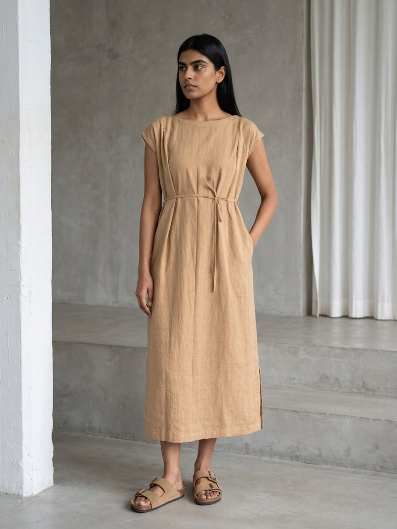 Erna Sand Beige Dress hemploop, lyocell dress by Doodlage in beige for women in Singapore