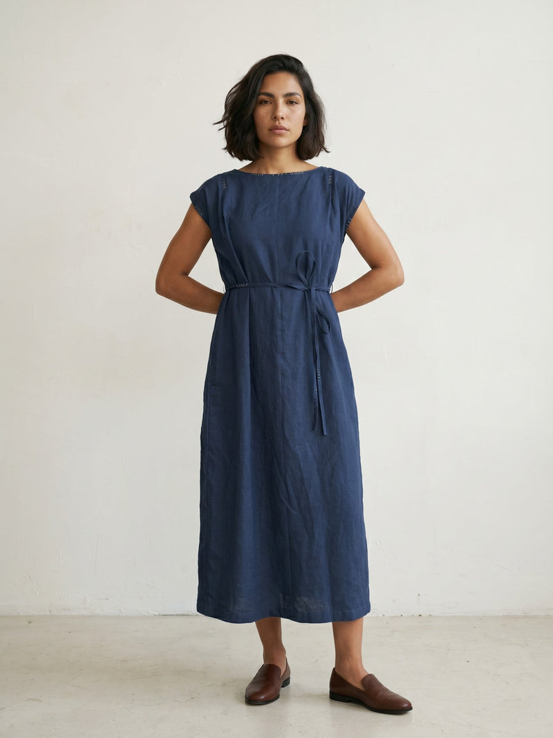 Erna Muted Indigo Dress hemploop, lyocell dress by Doodlage in indigo for women in Singapore