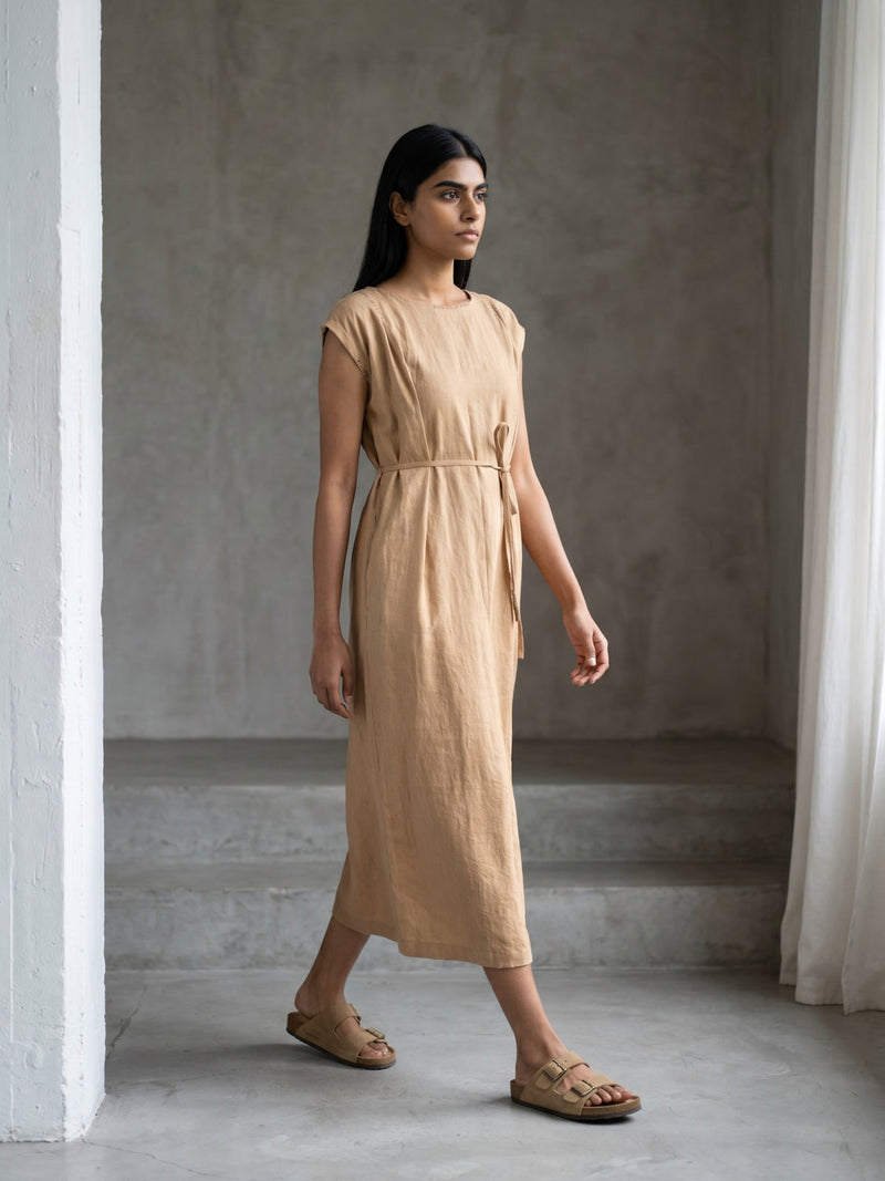 Erna Sand Beige Dress hemploop, lyocell dress by Doodlage in beige for women in Singapore