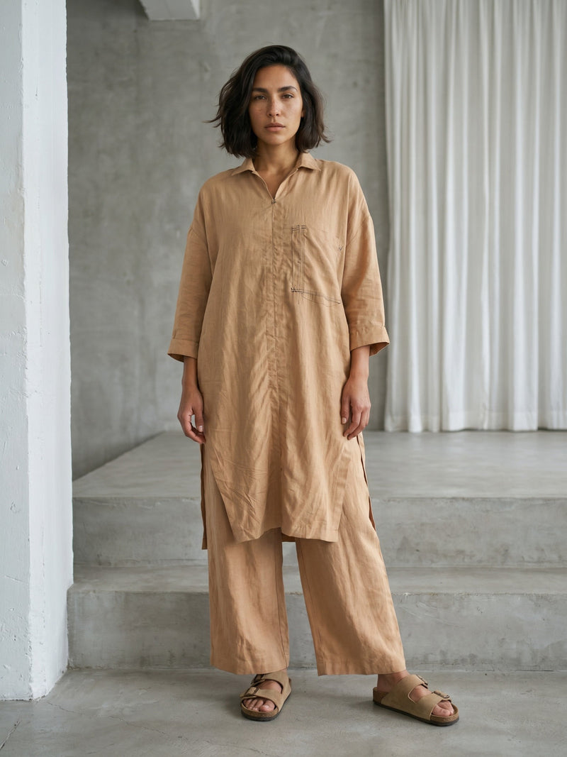 Blake Sand Beige Tunic hemploop, lyocell tunics/kaftan by Doodlage in beige for women in Singapore