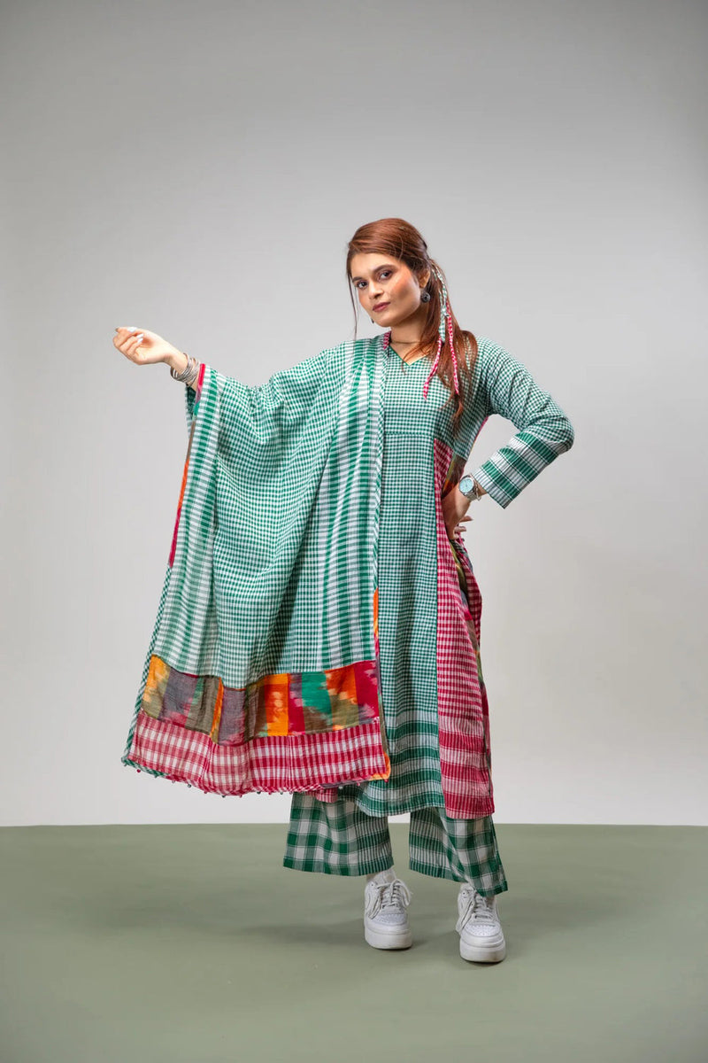 Aura Dress + Palazzo + Dupatta Set gamcha co-ord set by 145 East in green for women in Singapore