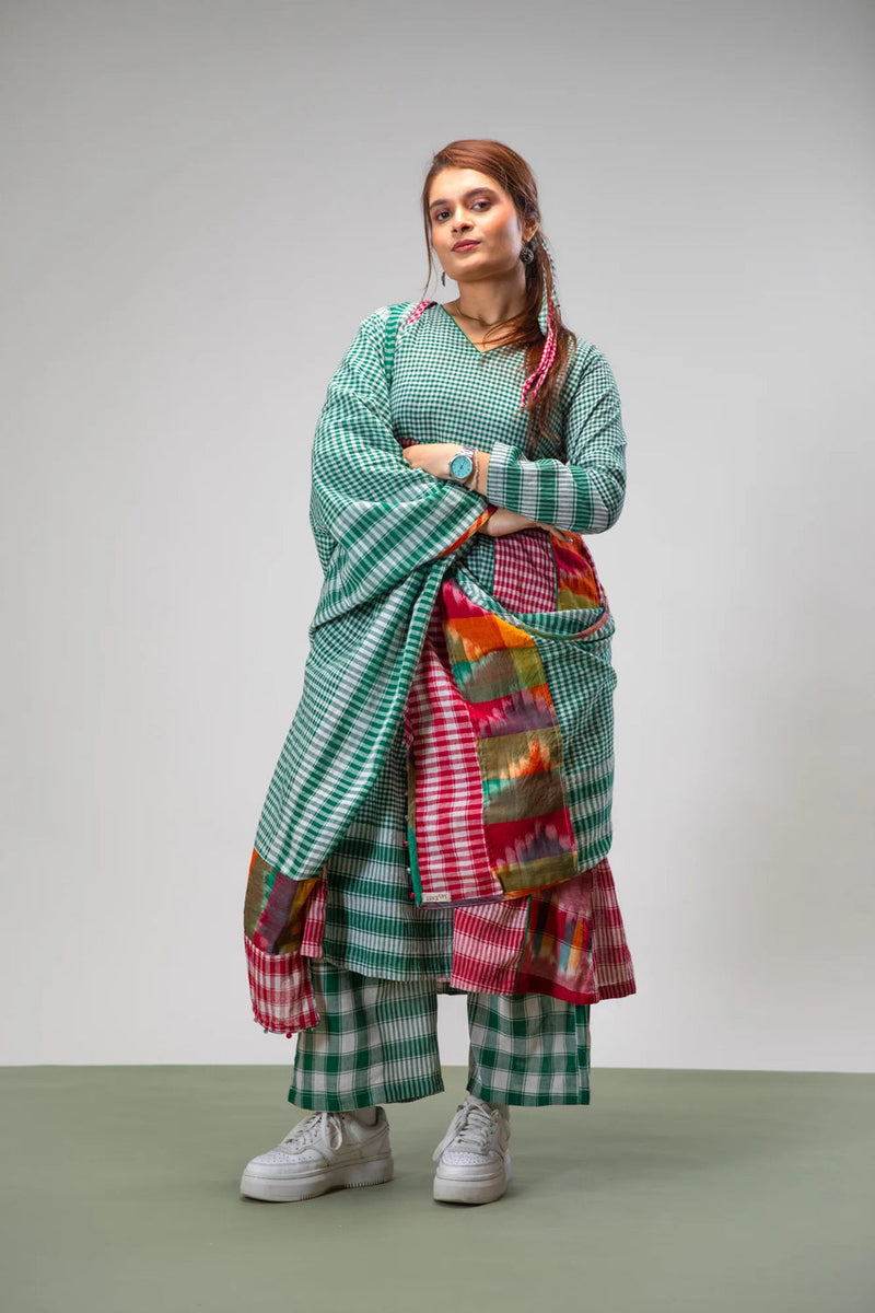 Aura Dress + Palazzo + Dupatta Set gamcha co-ord set by 145 East in green for women in Singapore