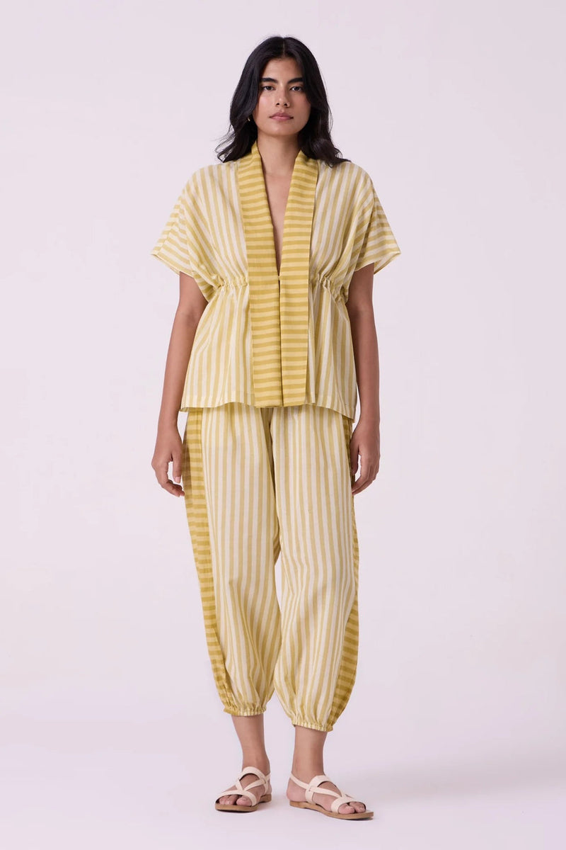 Sajith Yellow Striped Handwoven Tie Top handwoven cotton top/shirt by The Summer House in yellow for women in Singapore