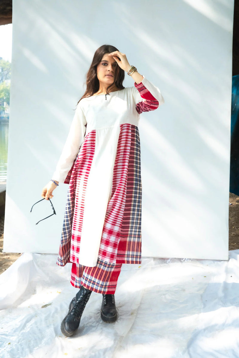 Side Panelled Dress + Palazzo Set (2 Piece Set) cotton,gamcha kurta/kurta set by 145 East in red, white for women in Singapore