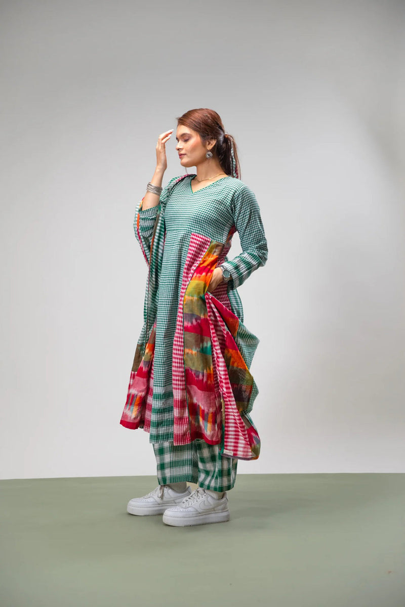 Aura Dress + Palazzo + Dupatta Set gamcha co-ord set by 145 East in green for women in Singapore