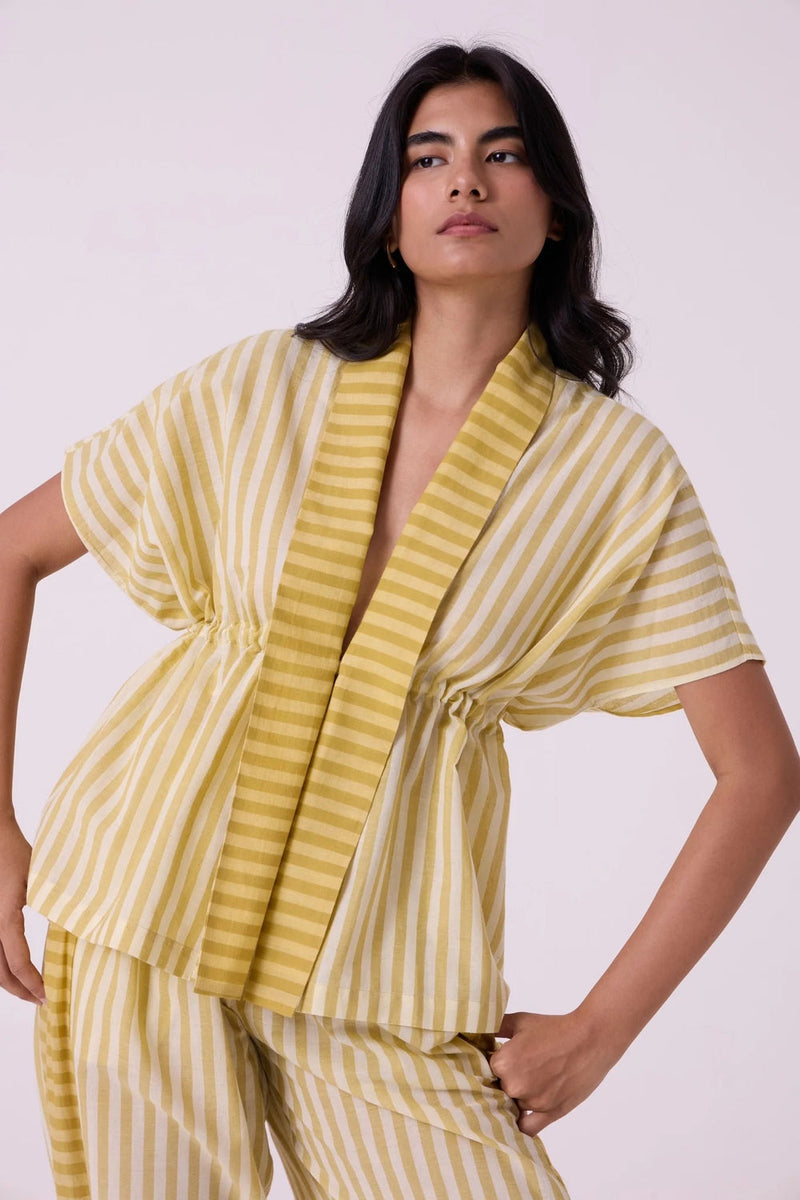 Sajith Yellow Striped Handwoven Tie Top handwoven cotton top/shirt by The Summer House in yellow for women in Singapore