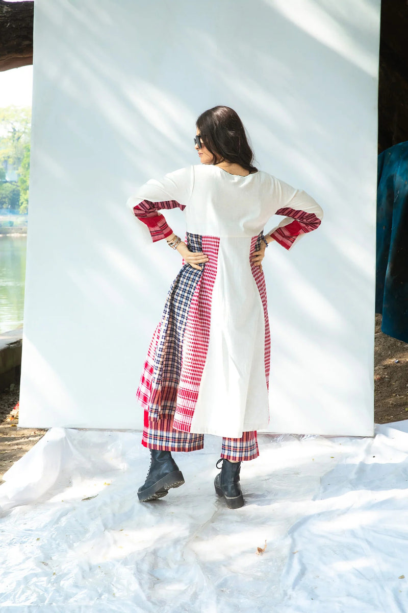 Side Panelled Dress + Palazzo Set (2 Piece Set) cotton,gamcha kurta/kurta set by 145 East in red, white for women in Singapore