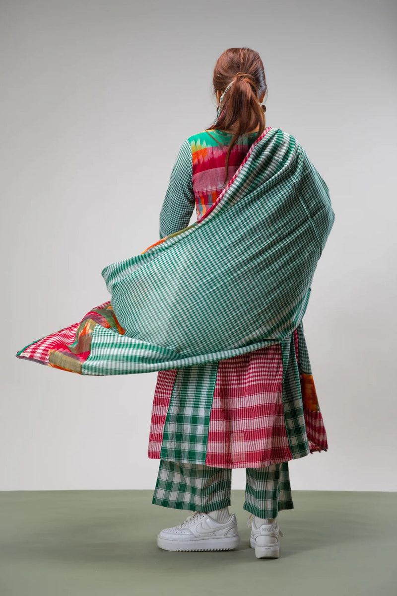 Aura Dress + Palazzo + Dupatta Set gamcha co-ord set by 145 East in green for women in Singapore