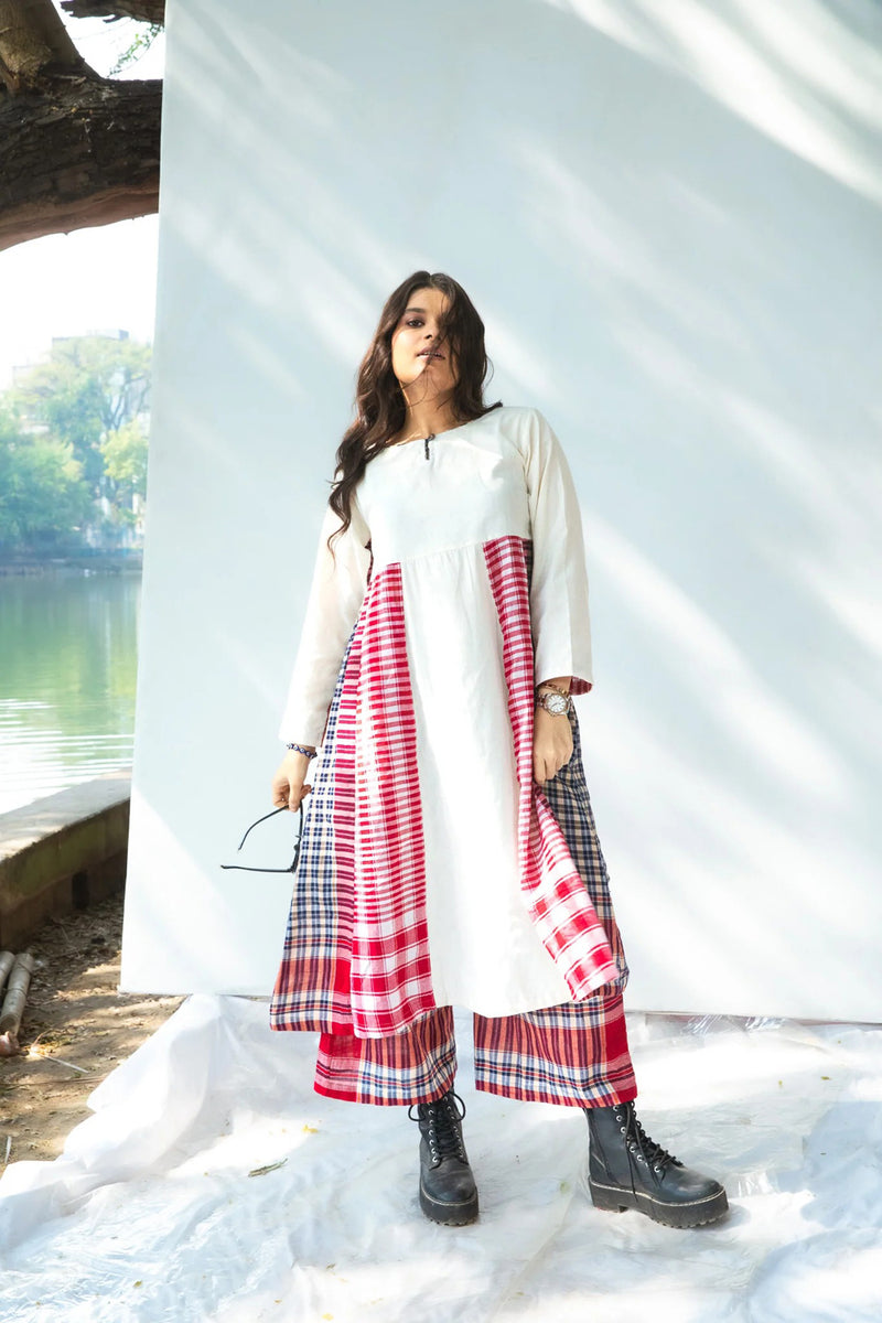 Side Panelled Dress + Palazzo Set (2 Piece Set) cotton,gamcha kurta/kurta set by 145 East in red, white for women in Singapore