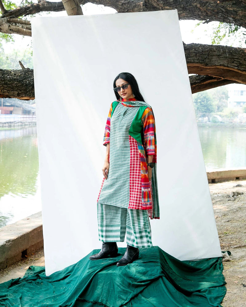 Wildflower Waltz Set gamcha co-ord set by 145 East in green, red, multicolour for women in Singapore