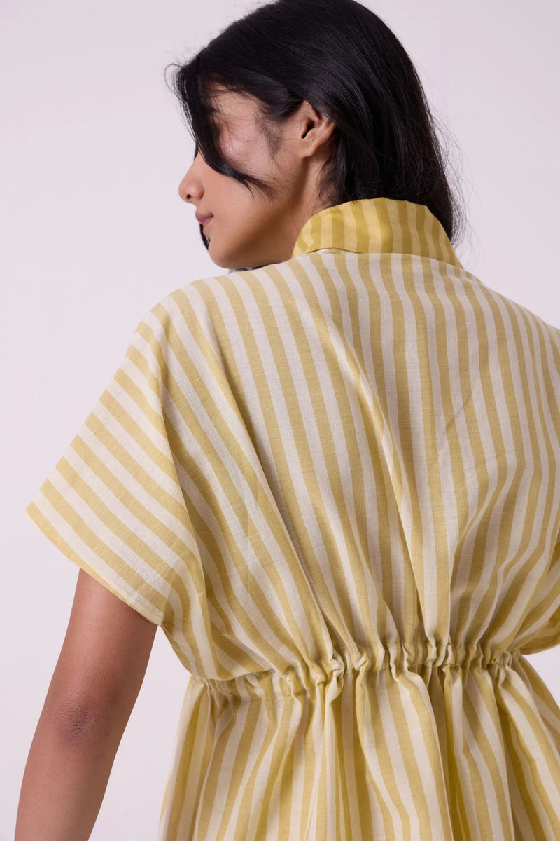 Sajith Yellow Striped Handwoven Tie Top handwoven cotton top/shirt by The Summer House in yellow for women in Singapore